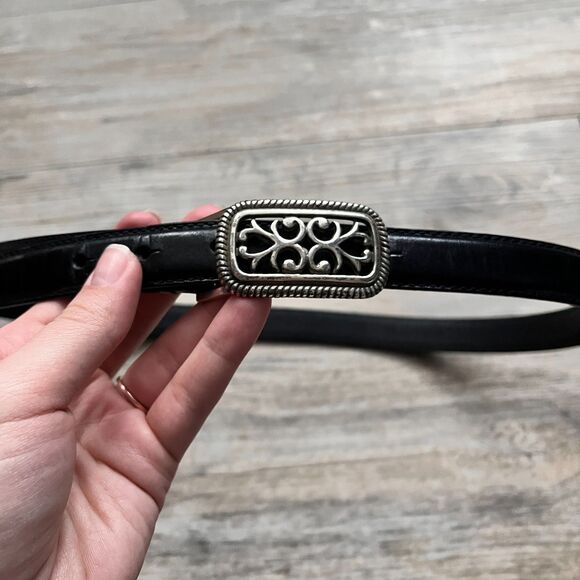 Fossil Black Leather Belt Ornate Silver Scroll Buckle Western Boho M 31\